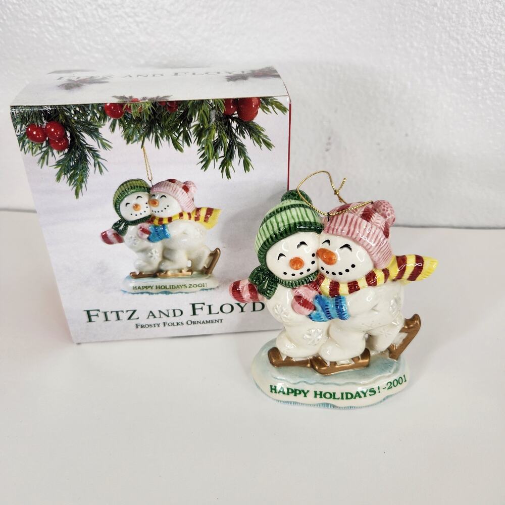 VTG Fitz & Floyd Frosty Folks Christmas Happy Holidays 2001 Ornamnet